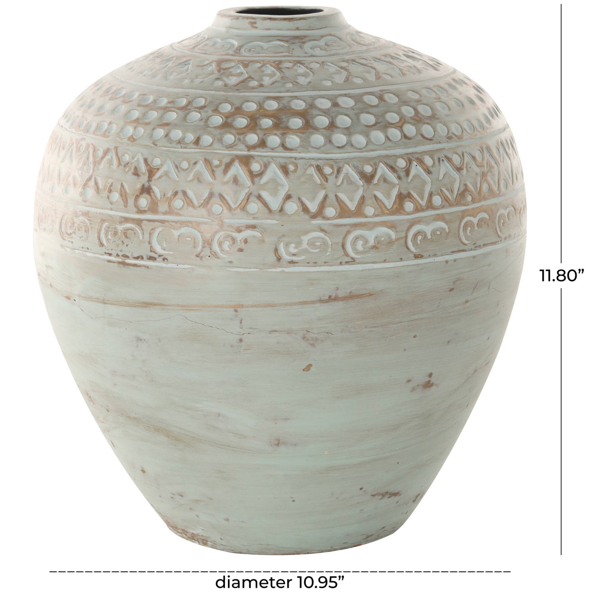 11.75" Green Antique-Style Wide Rounded Ceramic Vase with Geometric Carvings
